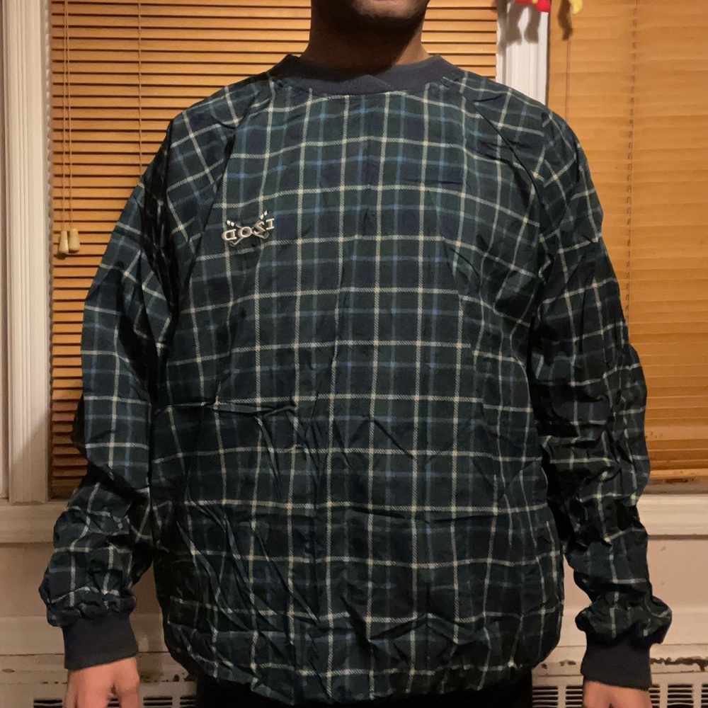 Izod Men's Navy and Green Plaid Crewneck Windbreaker